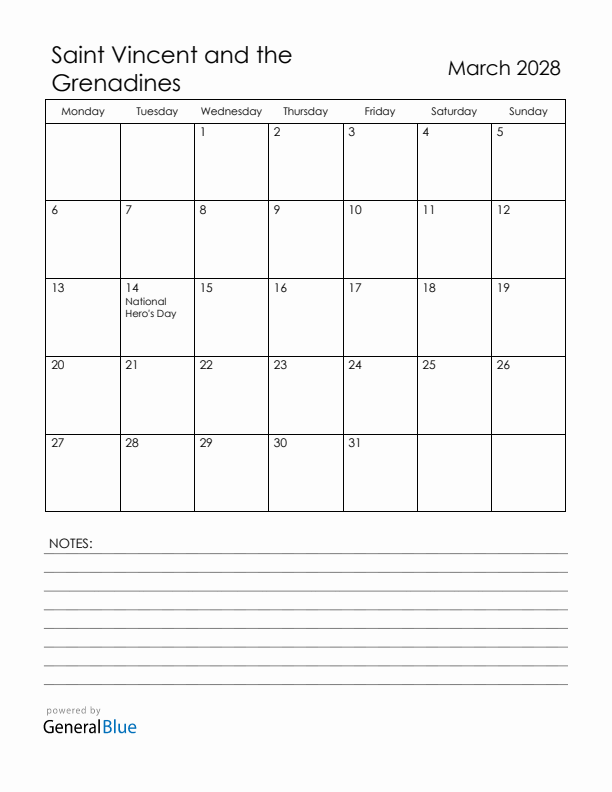 March 2028 Saint Vincent and the Grenadines Calendar with Holidays (Monday Start)