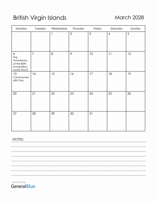 March 2028 British Virgin Islands Calendar with Holidays (Monday Start)