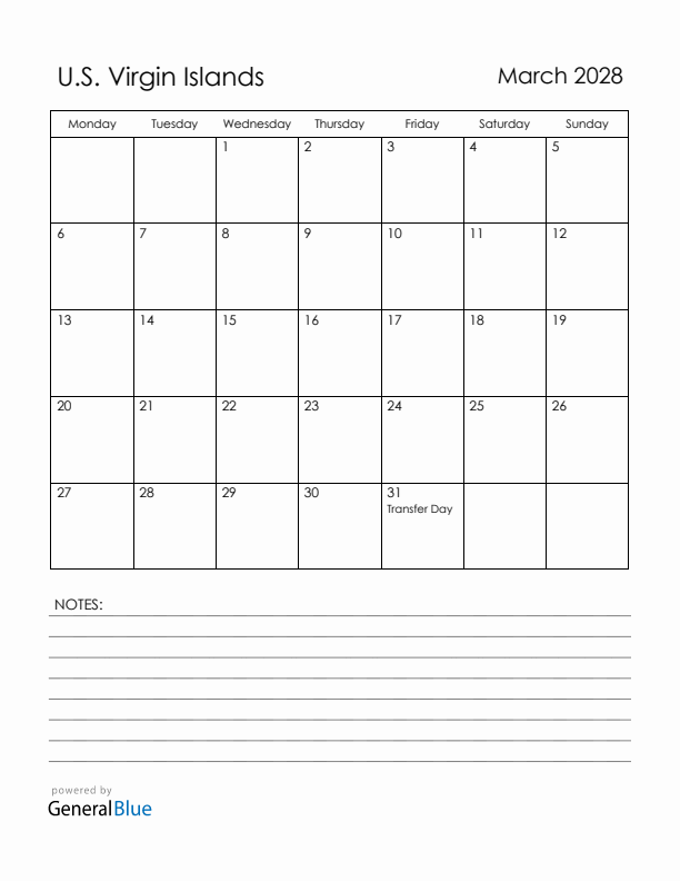 March 2028 U.S. Virgin Islands Calendar with Holidays (Monday Start)