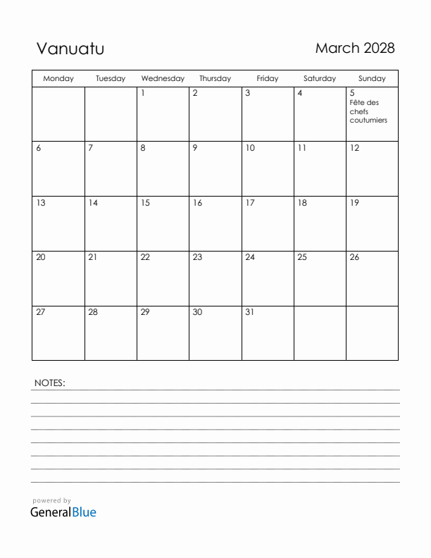 March 2028 Vanuatu Calendar with Holidays (Monday Start)