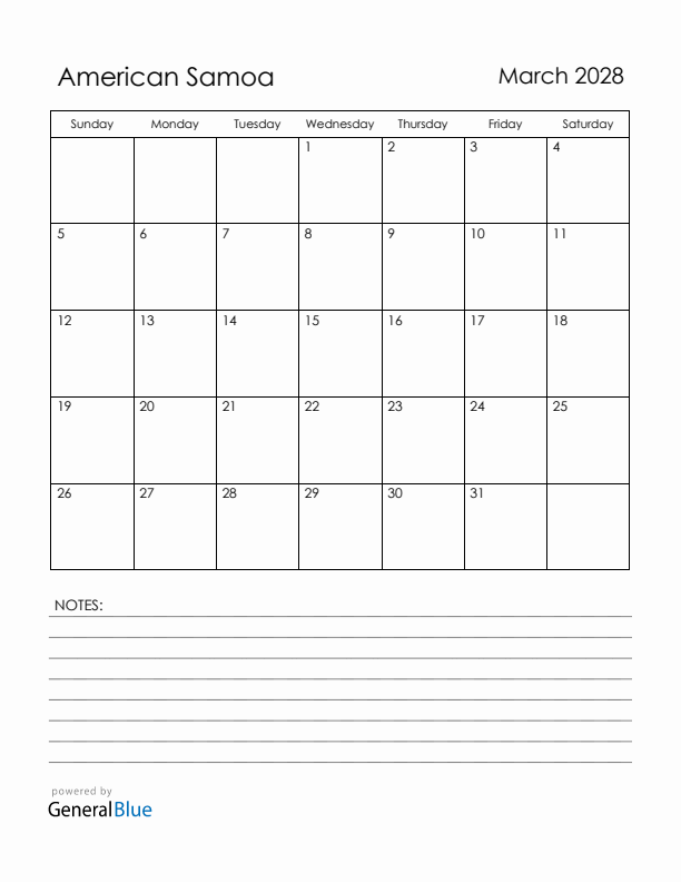 March 2028 American Samoa Calendar with Holidays (Sunday Start)