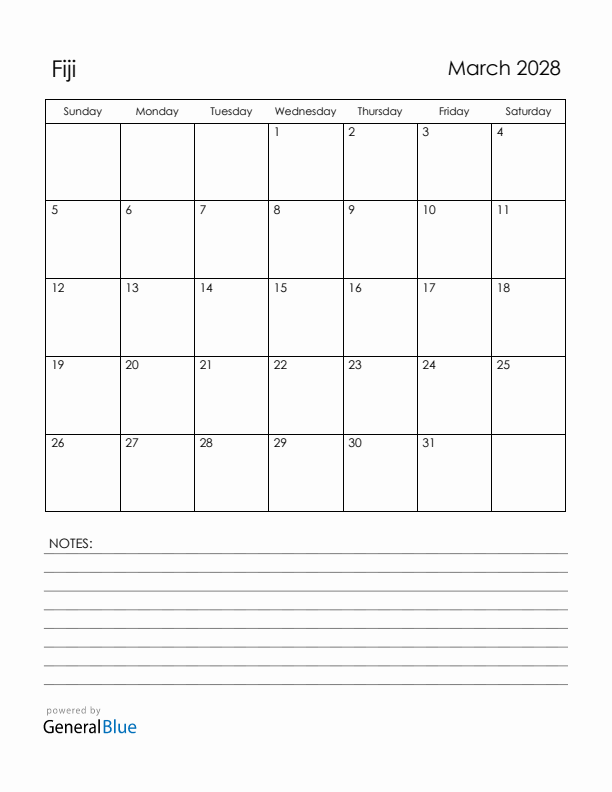 March 2028 Fiji Calendar with Holidays (Sunday Start)