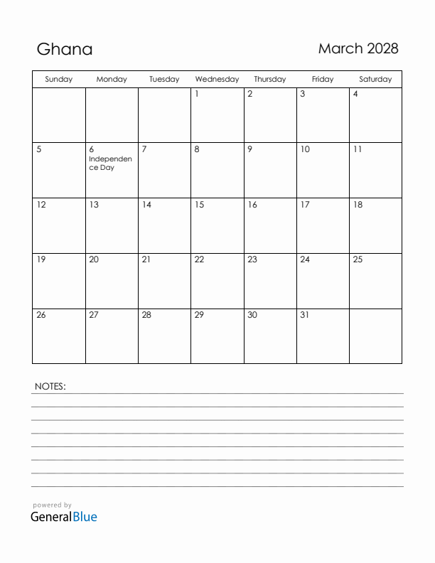 March 2028 Ghana Calendar with Holidays (Sunday Start)