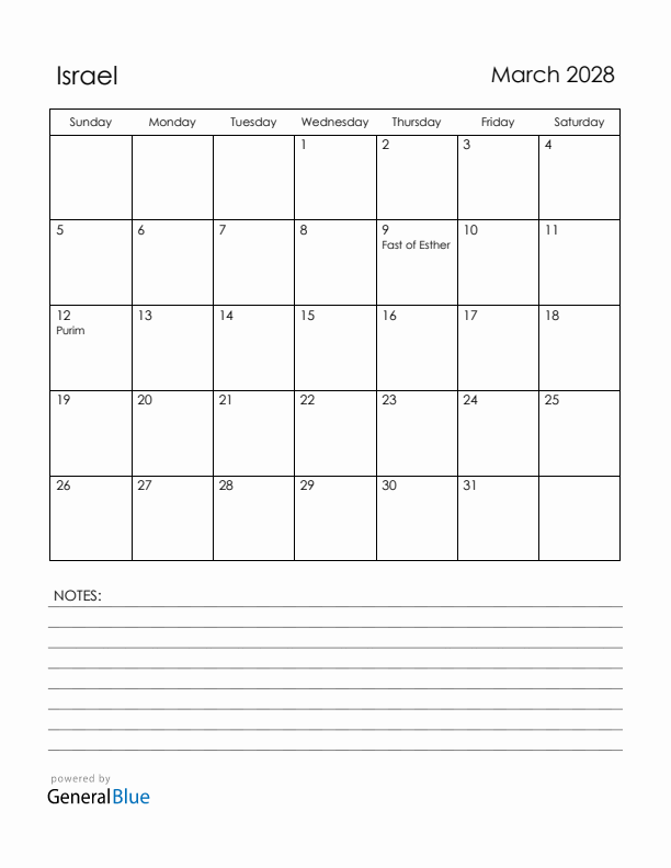 March 2028 Israel Calendar with Holidays (Sunday Start)