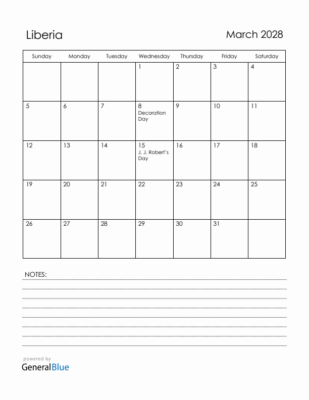 March 2028 Liberia Calendar with Holidays (Sunday Start)