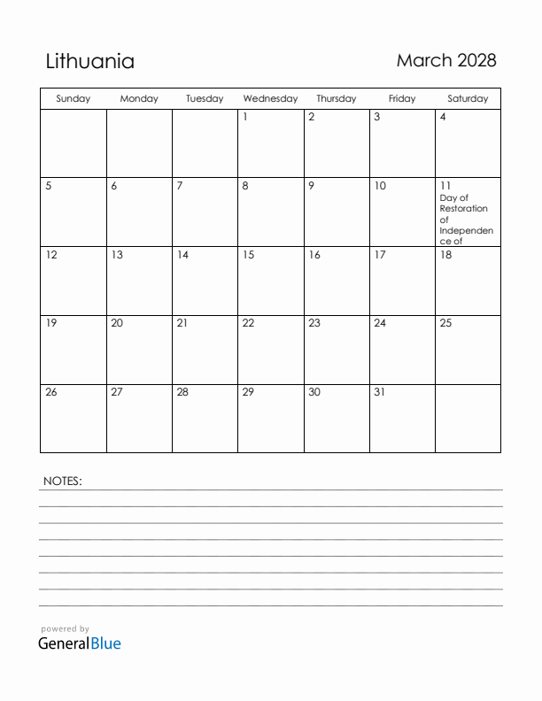 March 2028 Lithuania Calendar with Holidays (Sunday Start)