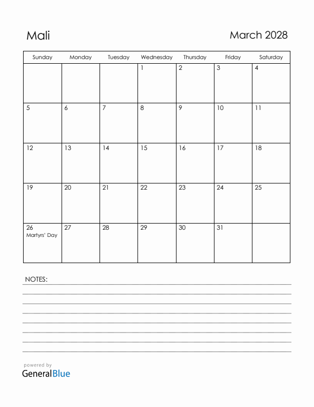 March 2028 Mali Calendar with Holidays (Sunday Start)
