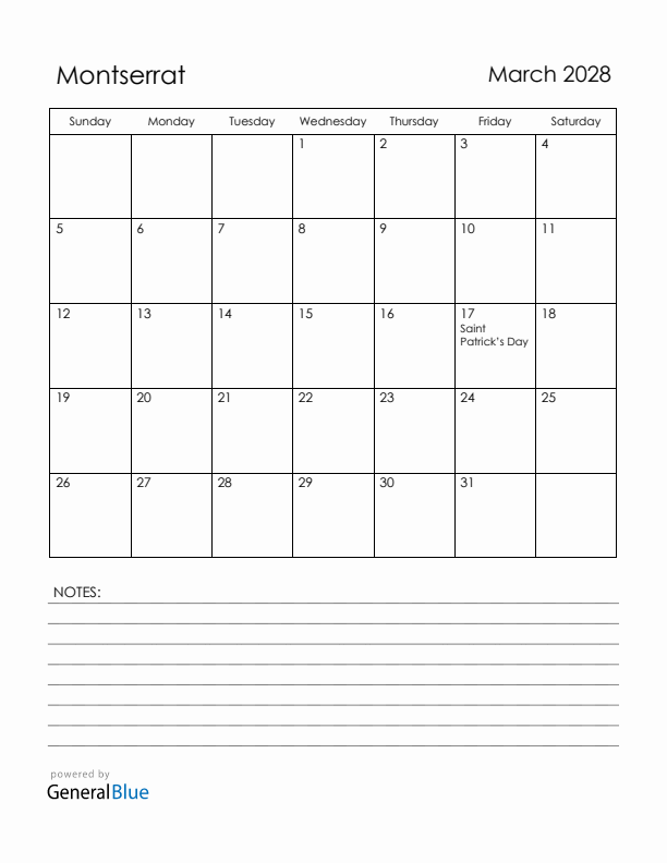 March 2028 Montserrat Calendar with Holidays (Sunday Start)