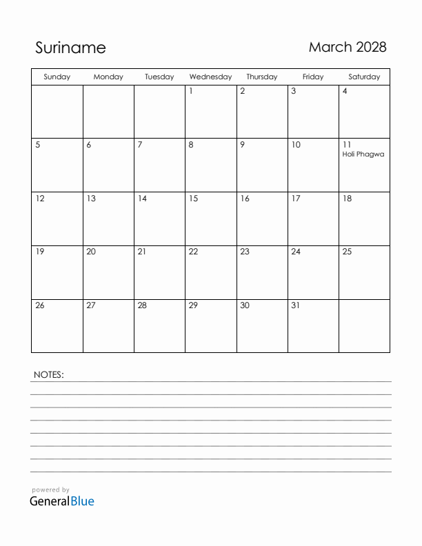 March 2028 Suriname Calendar with Holidays (Sunday Start)