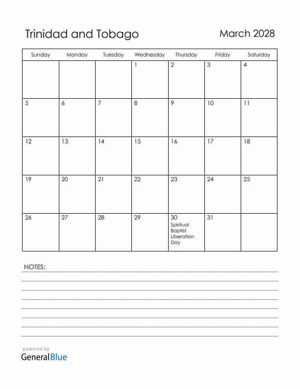 March 2028 Trinidad and Tobago Calendar with Holidays (Sunday Start)