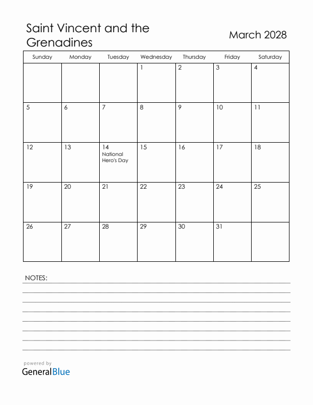 March 2028 Saint Vincent and the Grenadines Calendar with Holidays (Sunday Start)