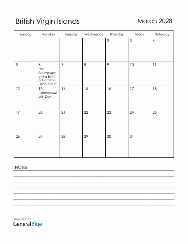 March 2028 British Virgin Islands Calendar with Holidays (Sunday Start)