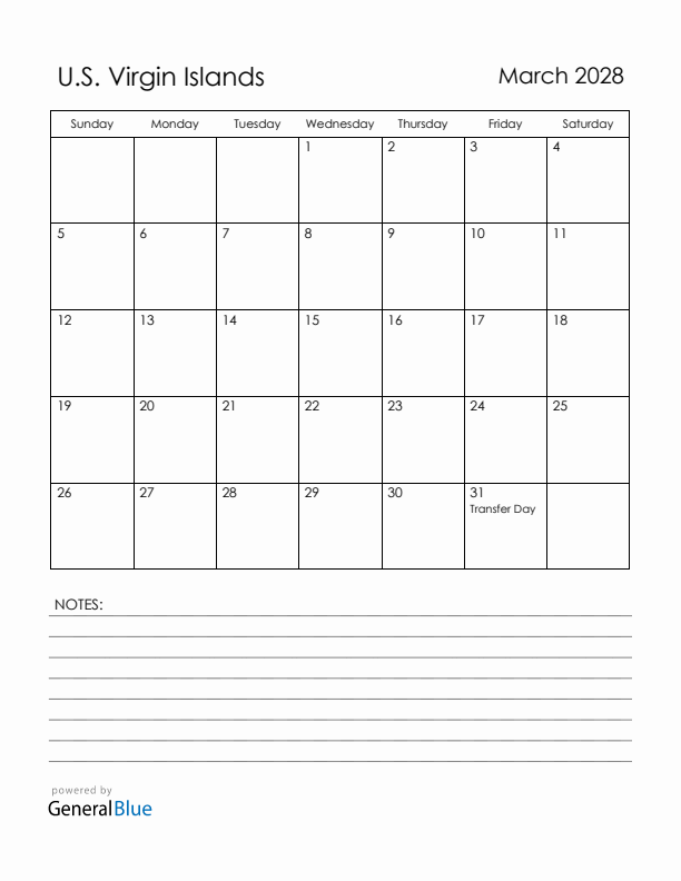 March 2028 U.S. Virgin Islands Calendar with Holidays (Sunday Start)
