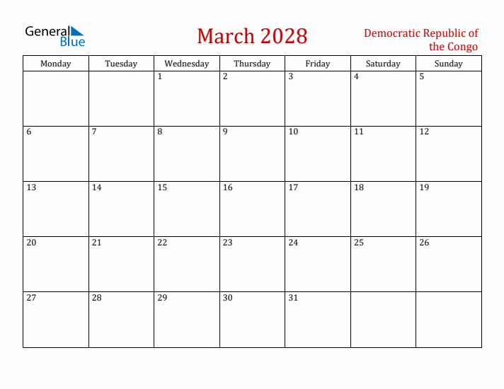 Democratic Republic of the Congo March 2028 Calendar - Monday Start