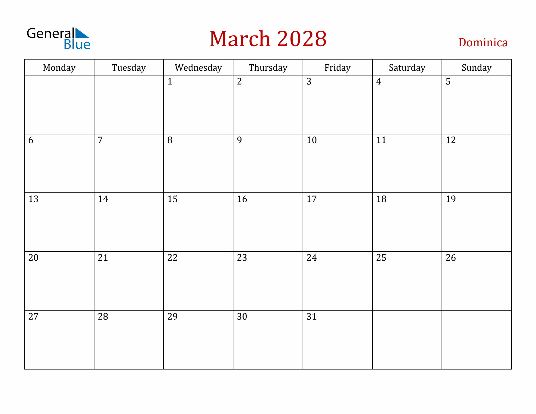 Dominica March 2028 Calendar - Monday Start