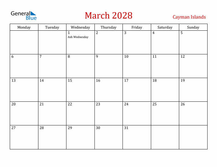 Cayman Islands March 2028 Calendar - Monday Start