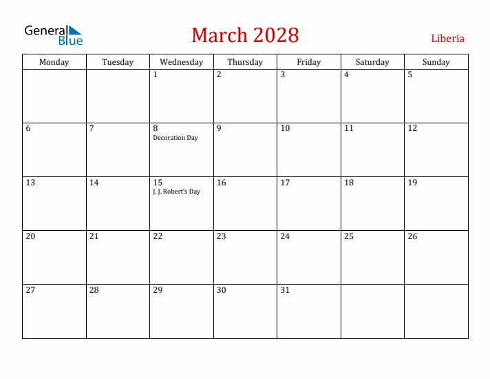 Liberia March 2028 Calendar - Monday Start