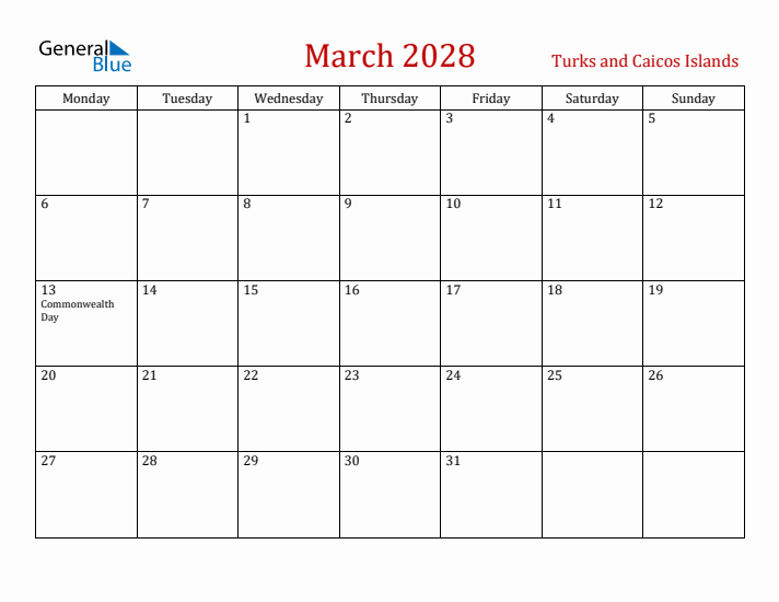 Turks and Caicos Islands March 2028 Calendar - Monday Start