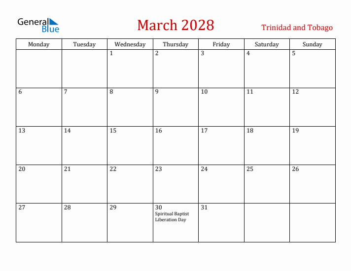 Trinidad and Tobago March 2028 Calendar - Monday Start