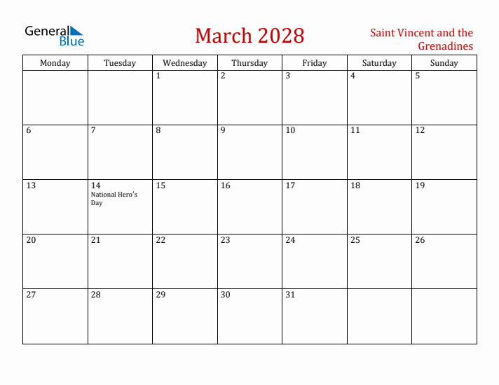 Saint Vincent and the Grenadines March 2028 Calendar - Monday Start