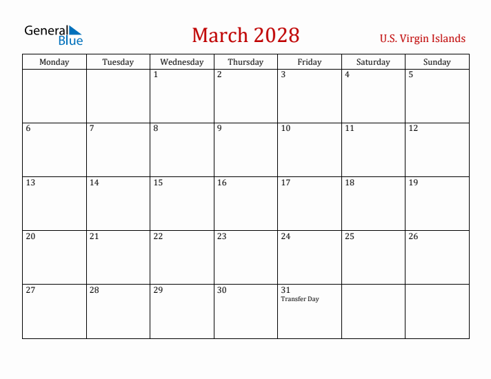 U.S. Virgin Islands March 2028 Calendar - Monday Start