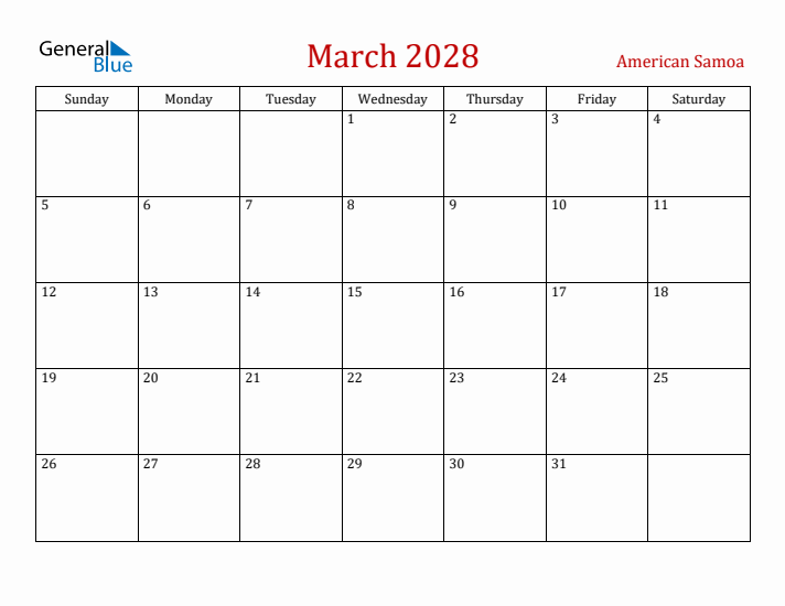 American Samoa March 2028 Calendar - Sunday Start