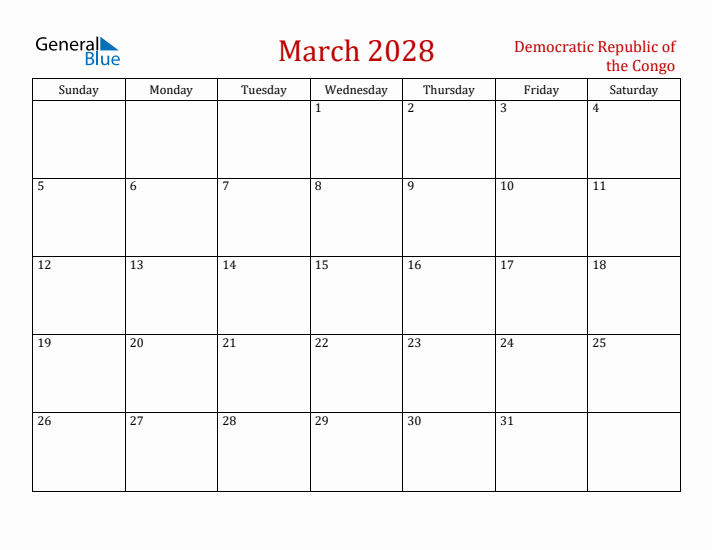 Democratic Republic of the Congo March 2028 Calendar - Sunday Start
