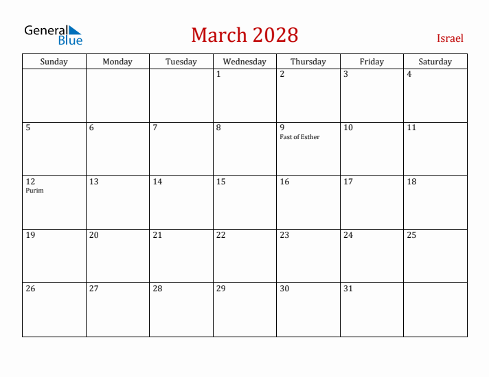 Israel March 2028 Calendar - Sunday Start
