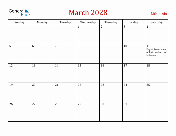 Lithuania March 2028 Calendar - Sunday Start