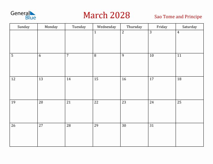 Sao Tome and Principe March 2028 Calendar - Sunday Start