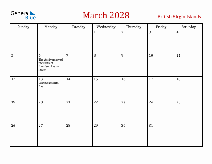 British Virgin Islands March 2028 Calendar - Sunday Start