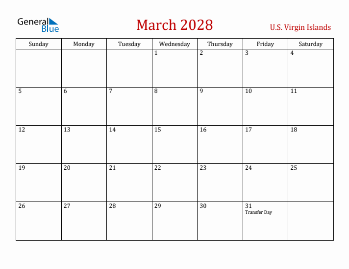 U.S. Virgin Islands March 2028 Calendar - Sunday Start