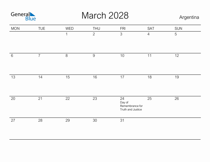 Printable March 2028 Calendar for Argentina