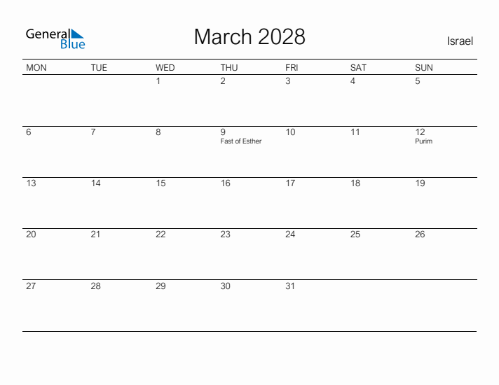 Printable March 2028 Calendar for Israel