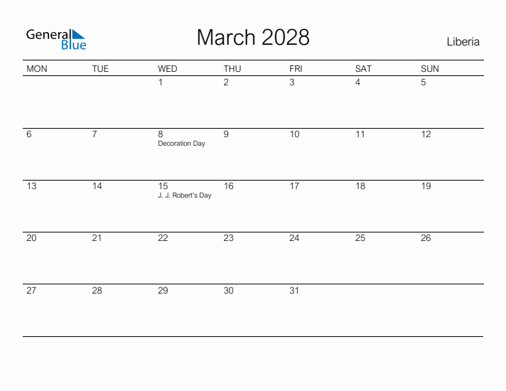Printable March 2028 Calendar for Liberia