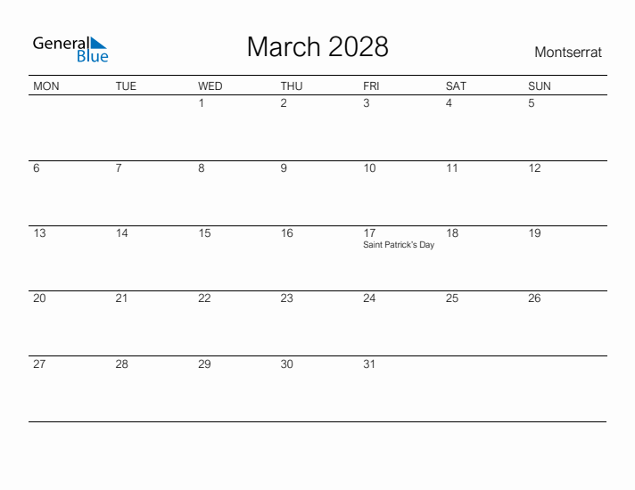 Printable March 2028 Calendar for Montserrat