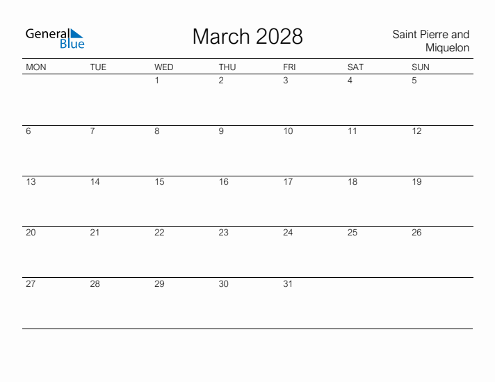 Printable March 2028 Calendar for Saint Pierre and Miquelon