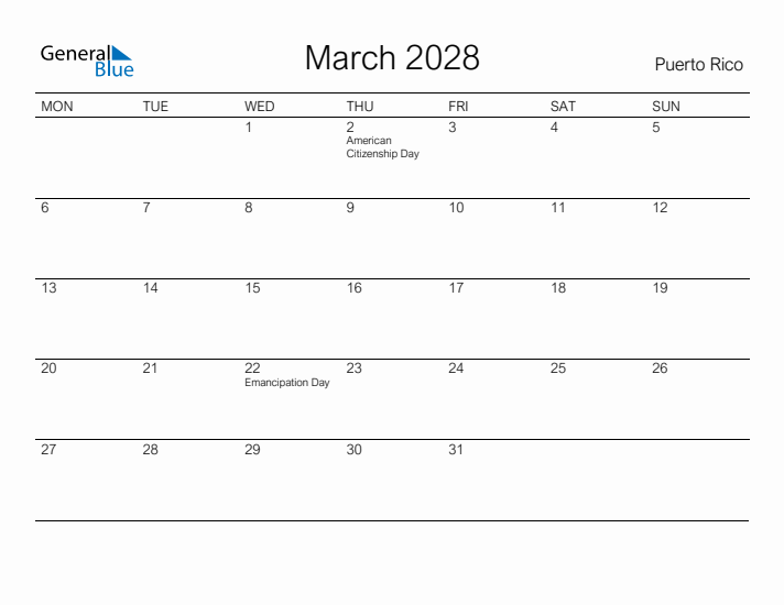 Printable March 2028 Calendar for Puerto Rico