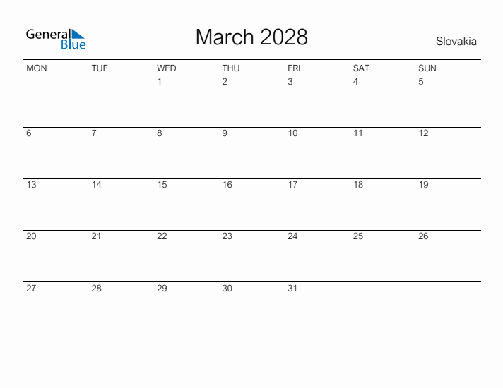 Printable March 2028 Calendar for Slovakia