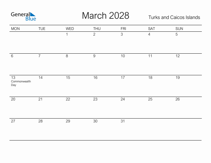 Printable March 2028 Calendar for Turks and Caicos Islands
