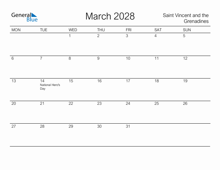 Printable March 2028 Calendar for Saint Vincent and the Grenadines