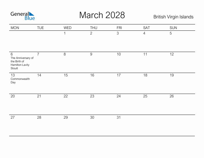 Printable March 2028 Calendar for British Virgin Islands