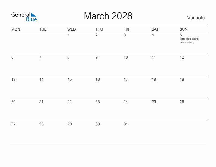 Printable March 2028 Calendar for Vanuatu