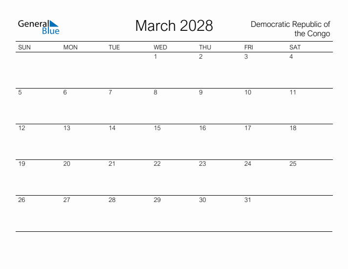 Printable March 2028 Calendar for Democratic Republic of the Congo