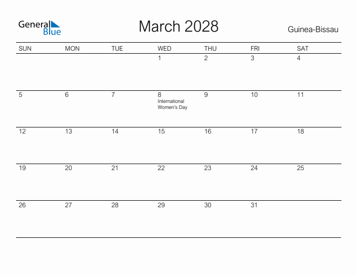 Printable March 2028 Calendar for Guinea-Bissau