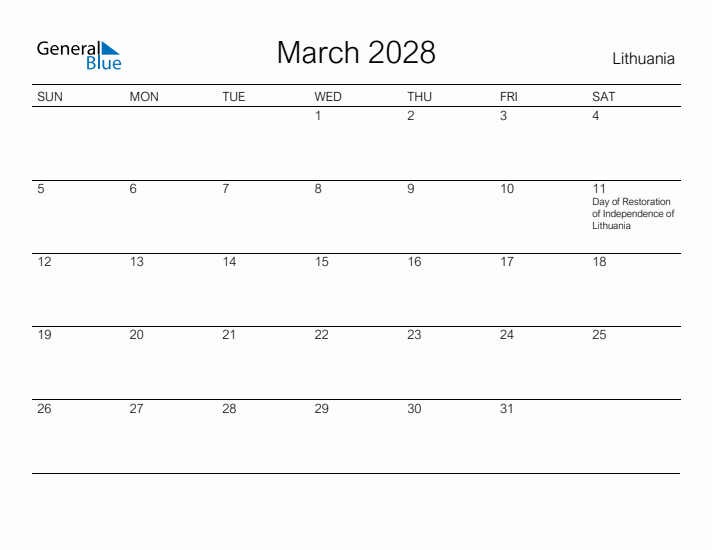 Printable March 2028 Calendar for Lithuania