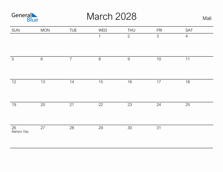 Printable March 2028 Calendar for Mali