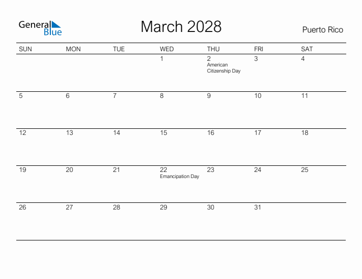 Printable March 2028 Calendar for Puerto Rico