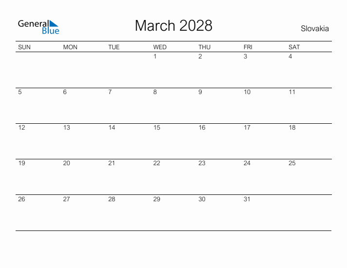 Printable March 2028 Calendar for Slovakia