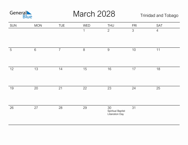 Printable March 2028 Calendar for Trinidad and Tobago